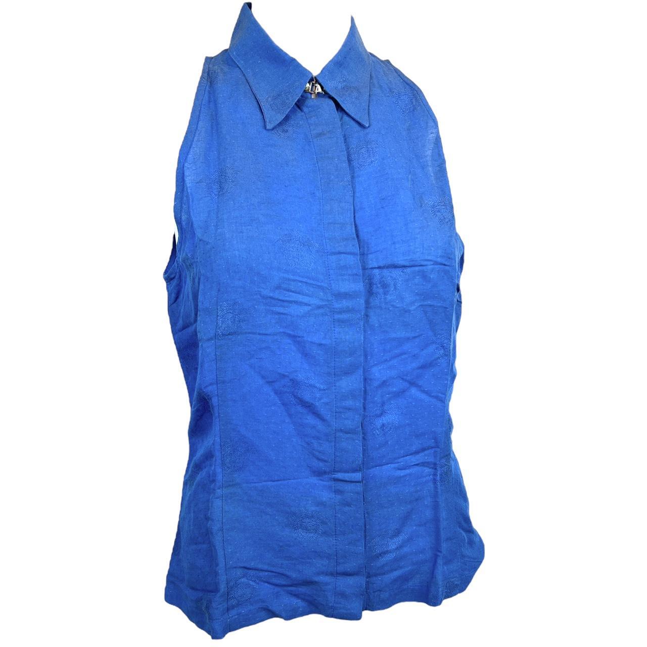 Versace Jeans Couture Blue Medusa Print Sleeveless Button Up Blouse Top - Outfit Repeater
