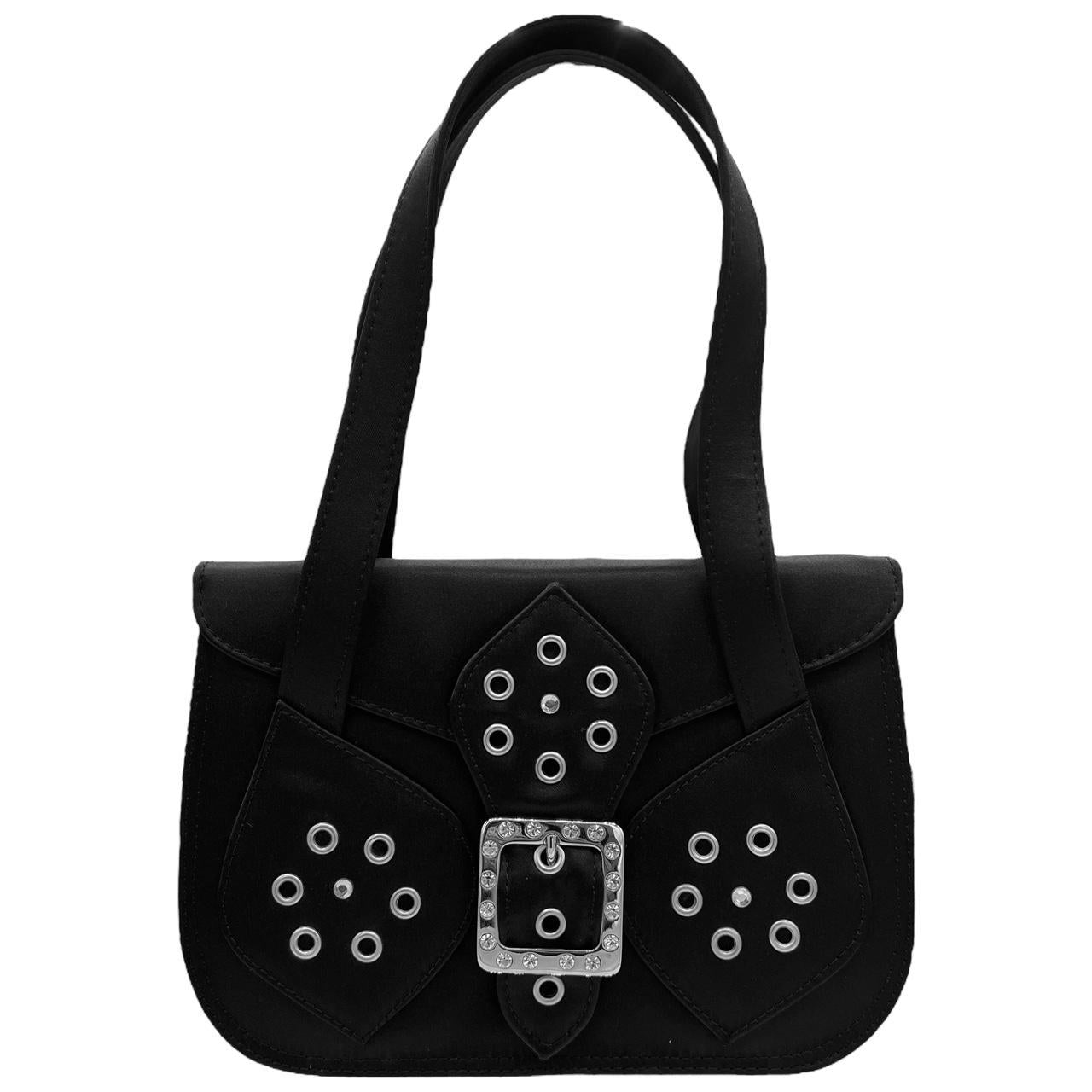 Versace Versus Black Satin Evening Bag With Rhinestones