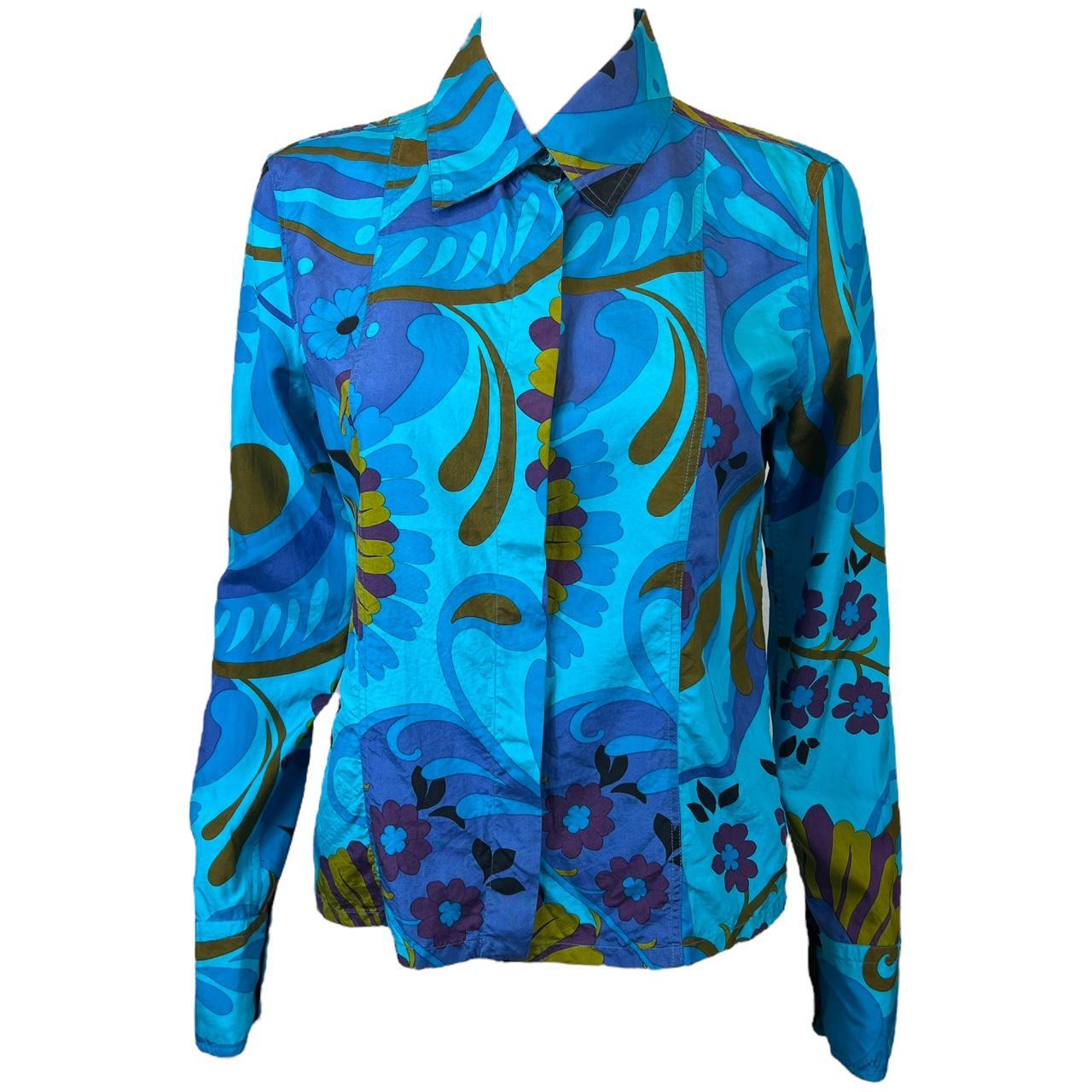 Gucci by Tom Ford S/S 1999 Blue Psychedelic Floral Print Silk Blouse