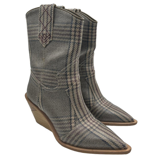 Fendi Cowboy Boots Gray Plaid Print Wedge Heel Size 37