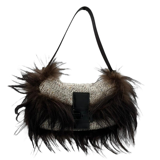 Fendi Fur Trim Knit Baguette Shoulder Bag - Outfit Repeater