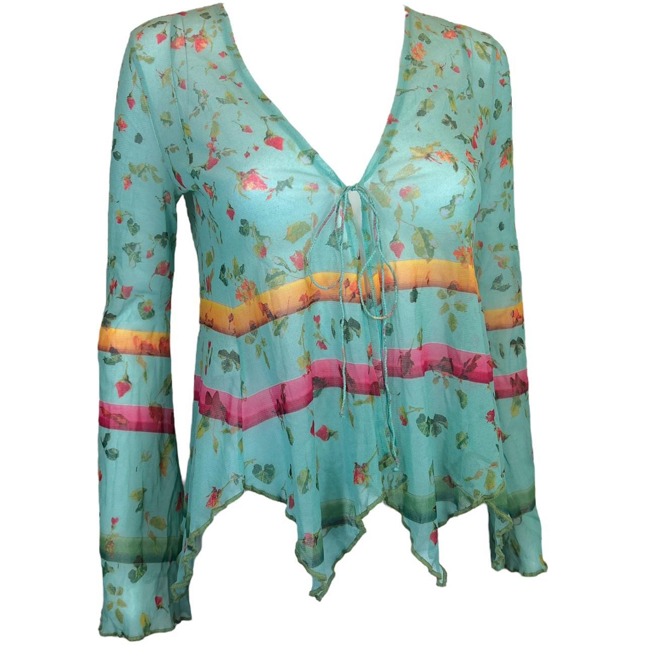 Jean-Paul Gaultier Blue Floral Mesh Long Sleeve Tie Front Asymmetrical Hem Blouse - Outfit Repeater