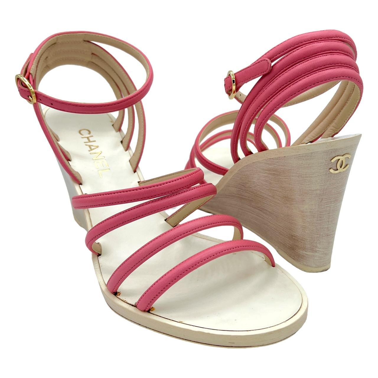 Chanel Pink Lambskin Strappy Wedge Sandals