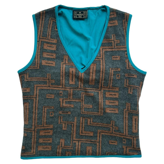 Fendi Jeans Logo Print Teal and Brown Lightweight Wool Sweater Vest