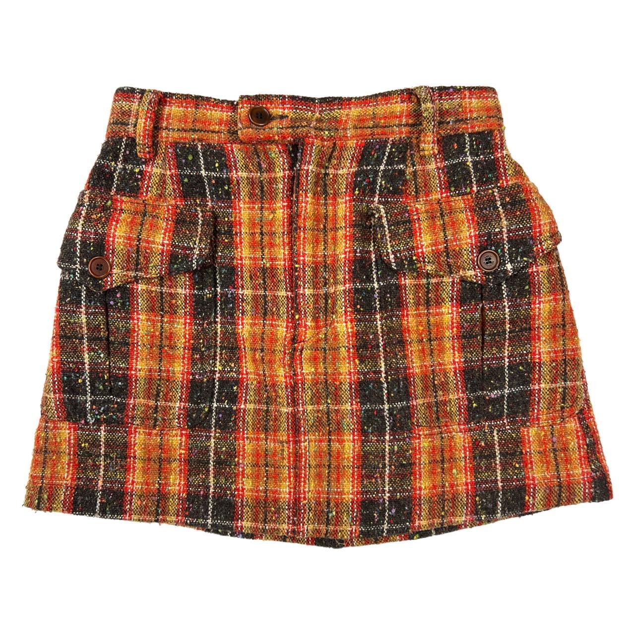 Moschino Jeans Red Yellow and Brown Plaid Print Tweed Mini Skirt with Cargo Pockets