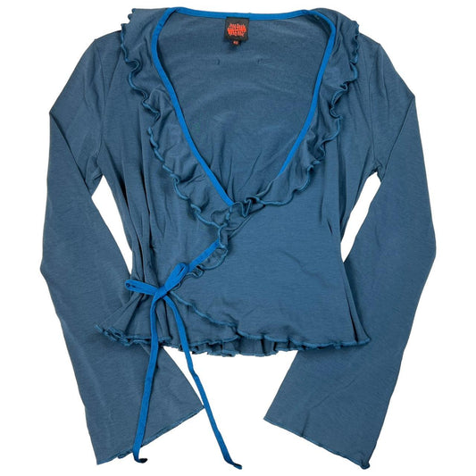 Jean Paul Gaultier Blue Ruffle Trim Wrap Style Blouse Top