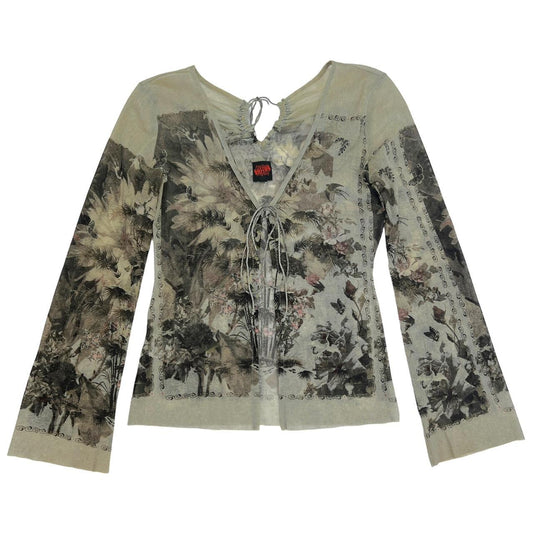 Jean Paul Gaultier Tie Front Printed Semi-Sheer Mesh Top