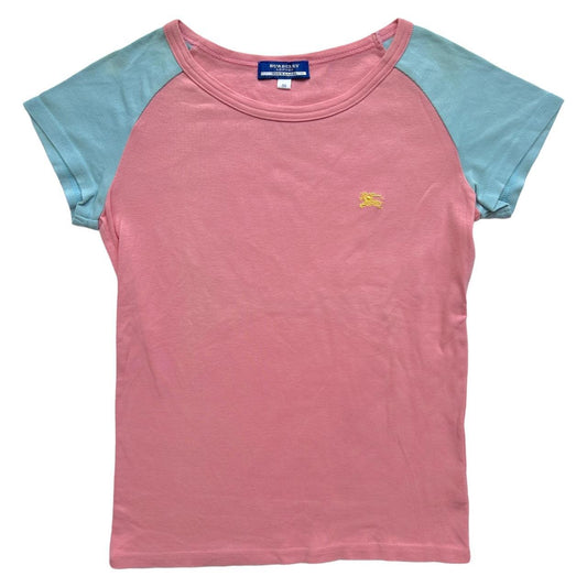 Burberry Blue Label Pink and Blue Baseball Style Short Sleeve Baby Tee T-Shirt - Outfit Repeater