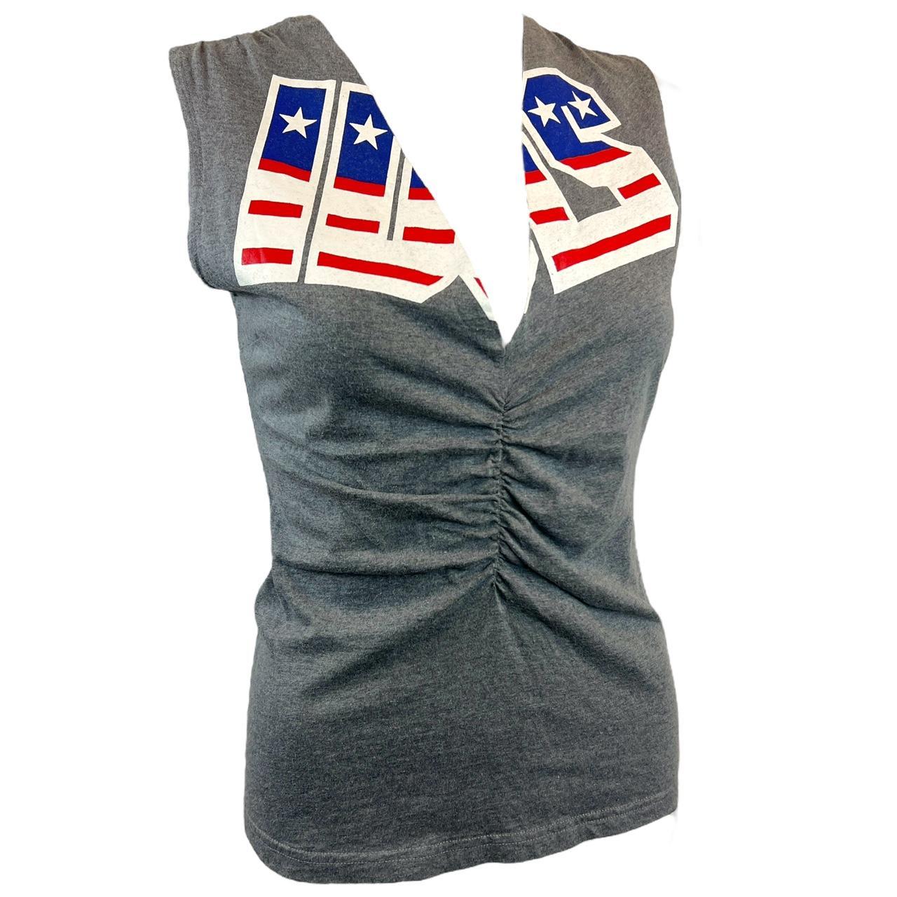 Dolce & Gabbana Patriotic / Americana Inspired Ruched Front Deep V-Neck Graphic Tank - Outfit Repeater