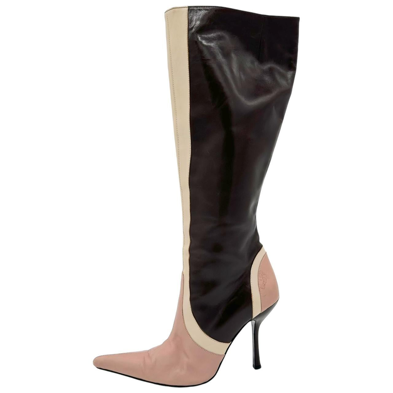 Versace Brown Pink Leather Heeled Knee-High Boots