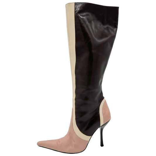 Versace Brown Pink Leather Heeled Knee-High Boots