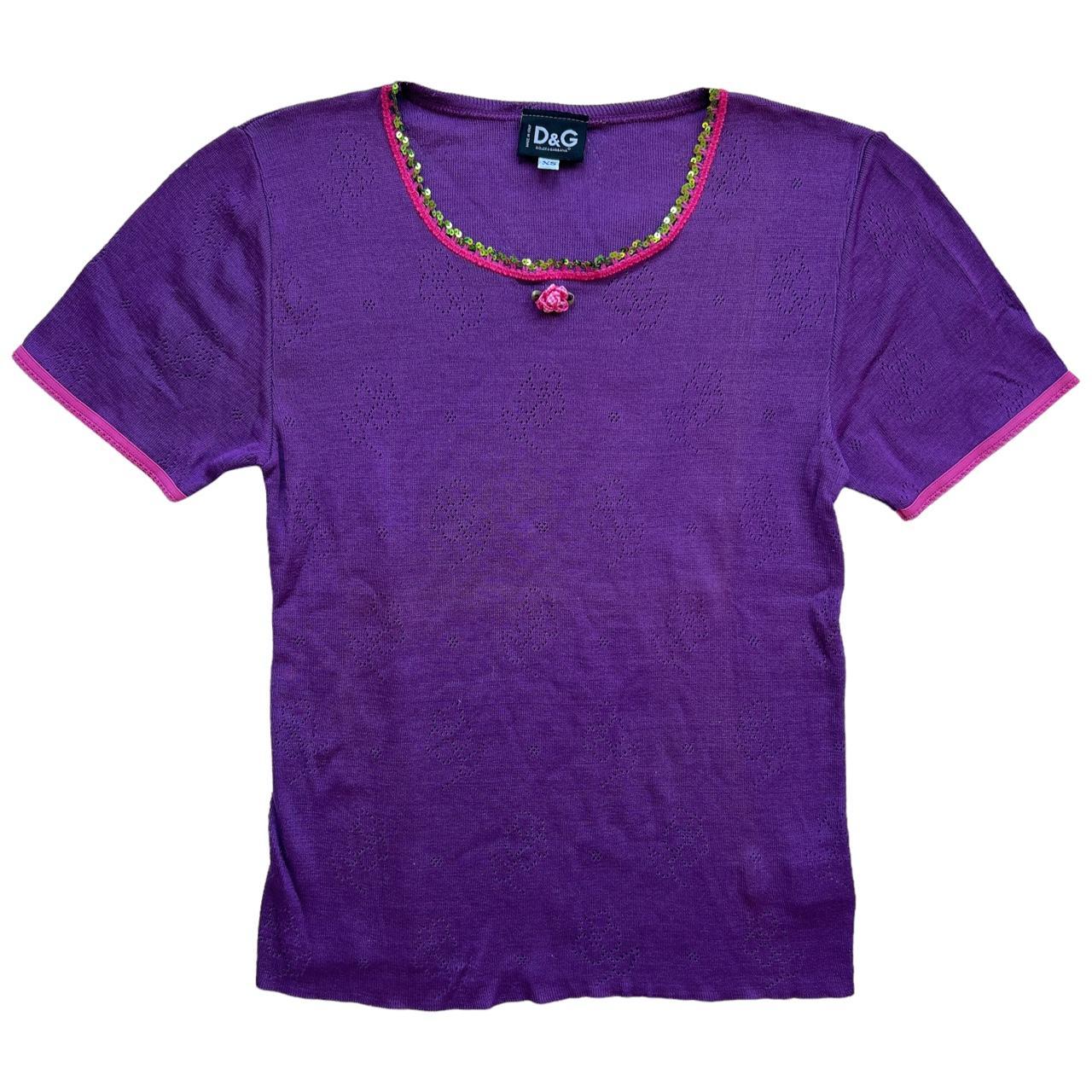 Dolce & Gabbana D&G Purple Flower Pointelle Knit T-Shirt with Green Sequin Collar