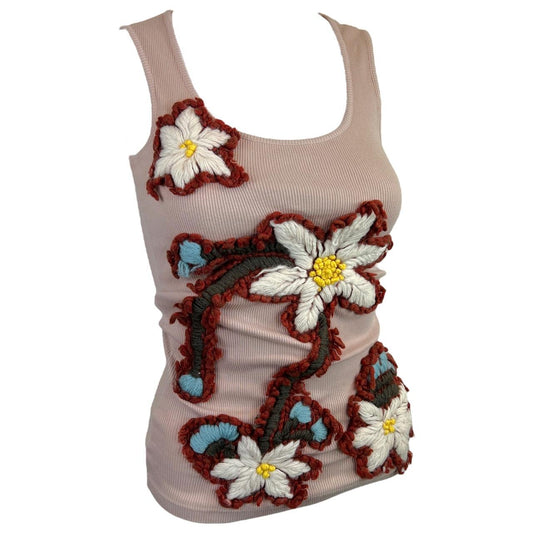 Dolce & Gabbana Dusty Pink Ribbed Tank Top with Oversized Wool Floral Embroidery