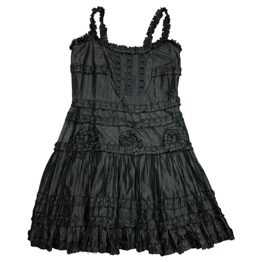 Blumarine Black Silk Tiered Cami Dress with Ruffle Appliqués