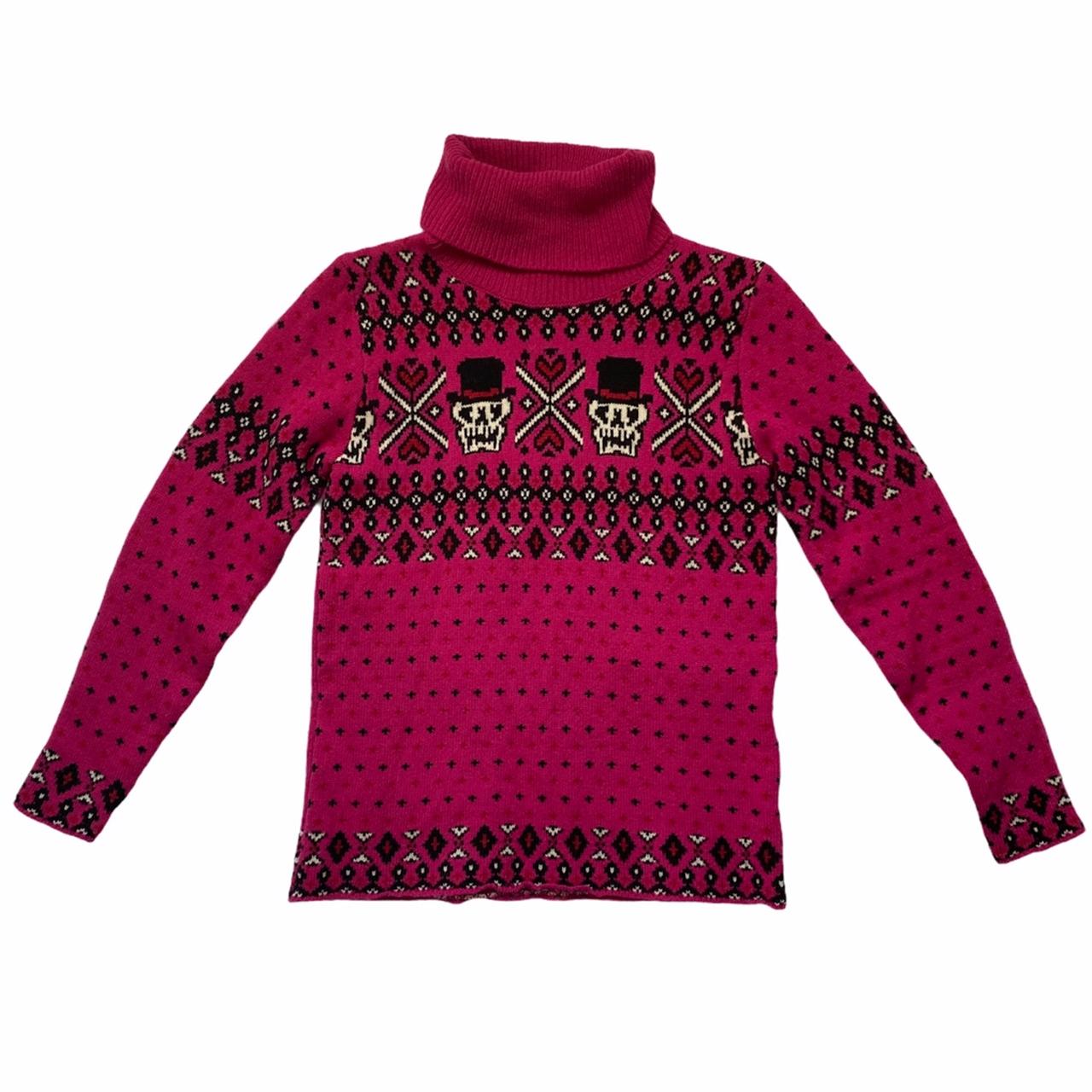 Hysteric Glamour Hot Pink Skull Top Hat Knit Wool Patterned Turtleneck Pullover Sweater - Outfit Repeater