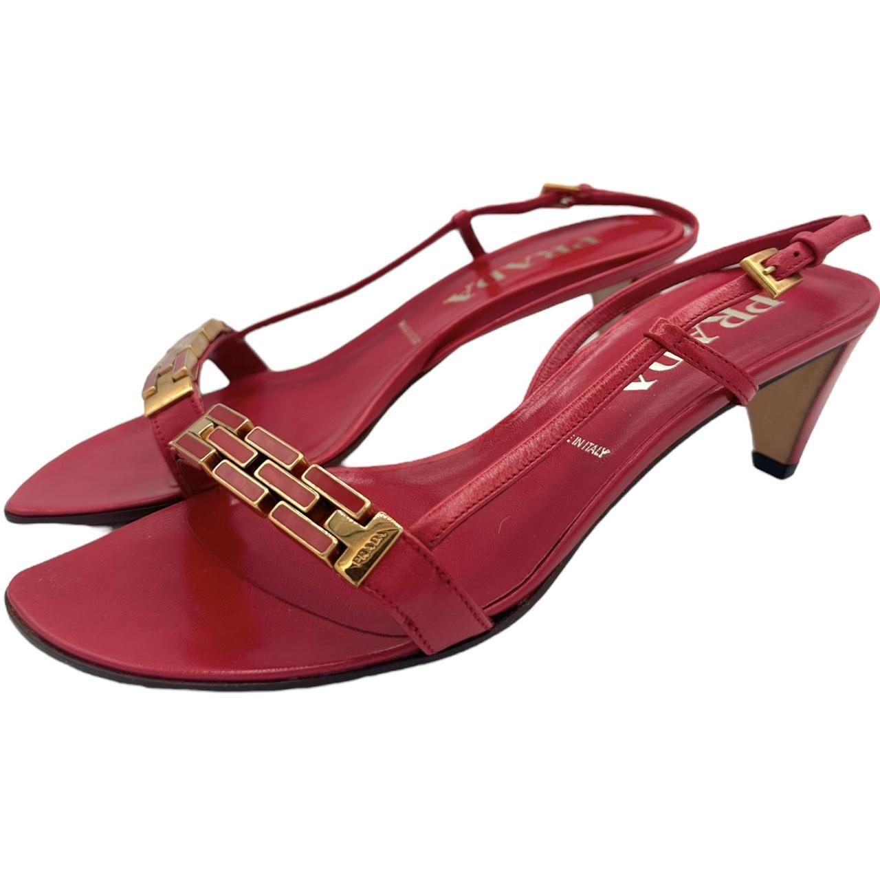 Prada Red Gold Kitten Heel Sandals Open-Toe Leather