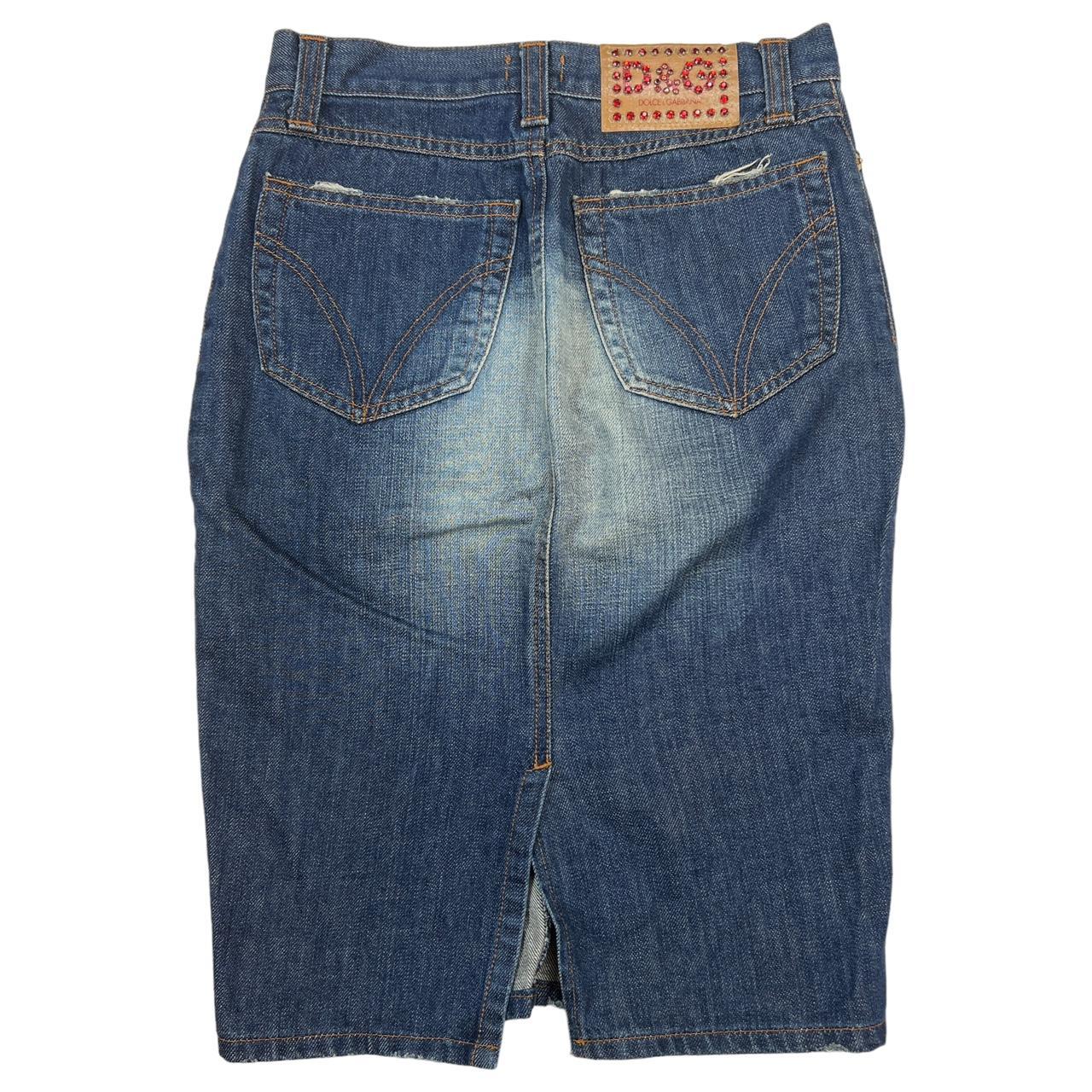 Dolce & Gabbana Faded Denim Midi Skirt with Red Rhinestone Logo Patch - Outfit Repeater