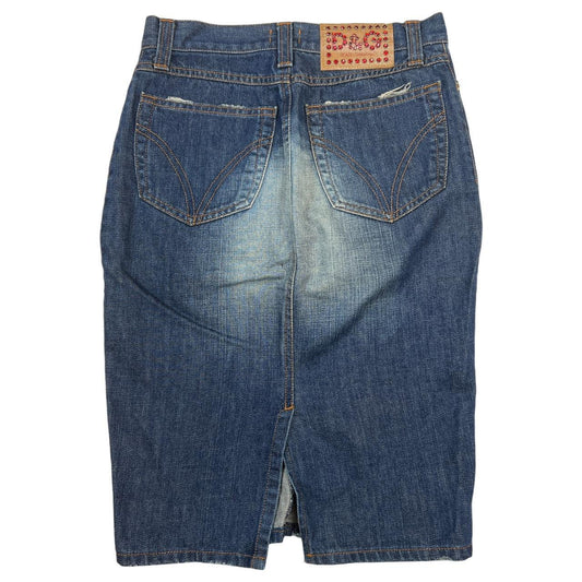 Dolce & Gabbana Faded Denim Midi Skirt with Red Rhinestone Logo Patch - Outfit Repeater