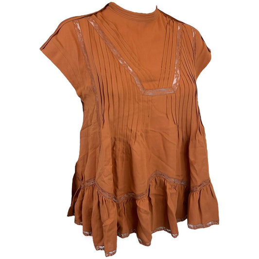 Chloé Burnt Orange Flowy Blouse with Pleating and Lace Details