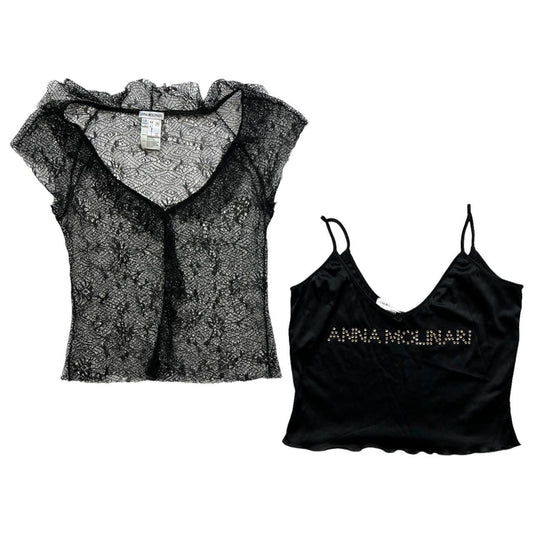 Anna Molinari (of Blumarine) 2 Piece Bedazzled Logo Cami and Short Sleeve Lace Top Set - Outfit Repeater