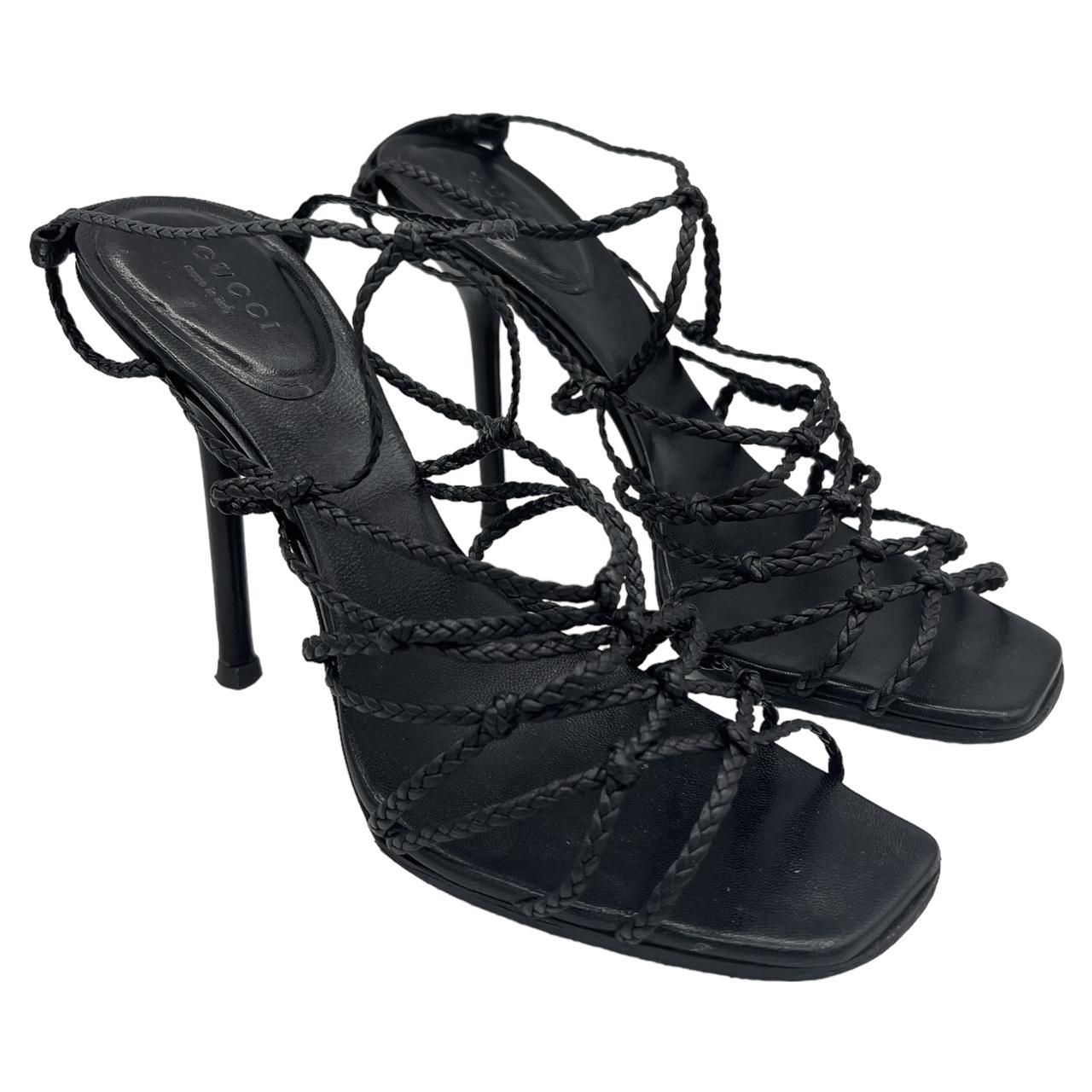 Gucci Black Braided Leather Strappy Heels Size 37