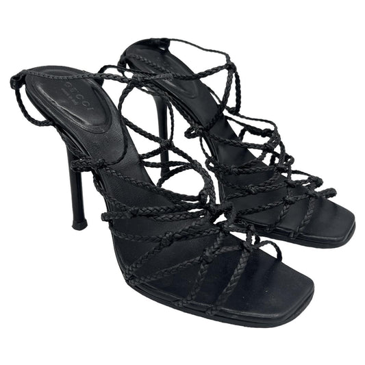 Gucci Black Braided Leather Strappy Heels Size 37