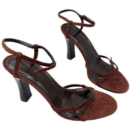 Bottega Veneta Brown Suede Strappy Belted Sandal Heels - Outfit Repeater