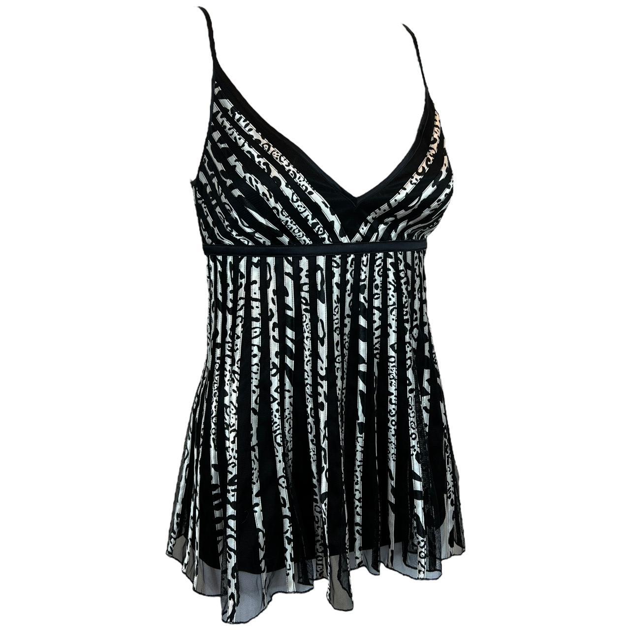Class by Roberto Cavalli Black Mesh Babydoll Style Cami Blouse with White Leopard Stripes - Outfit Repeater