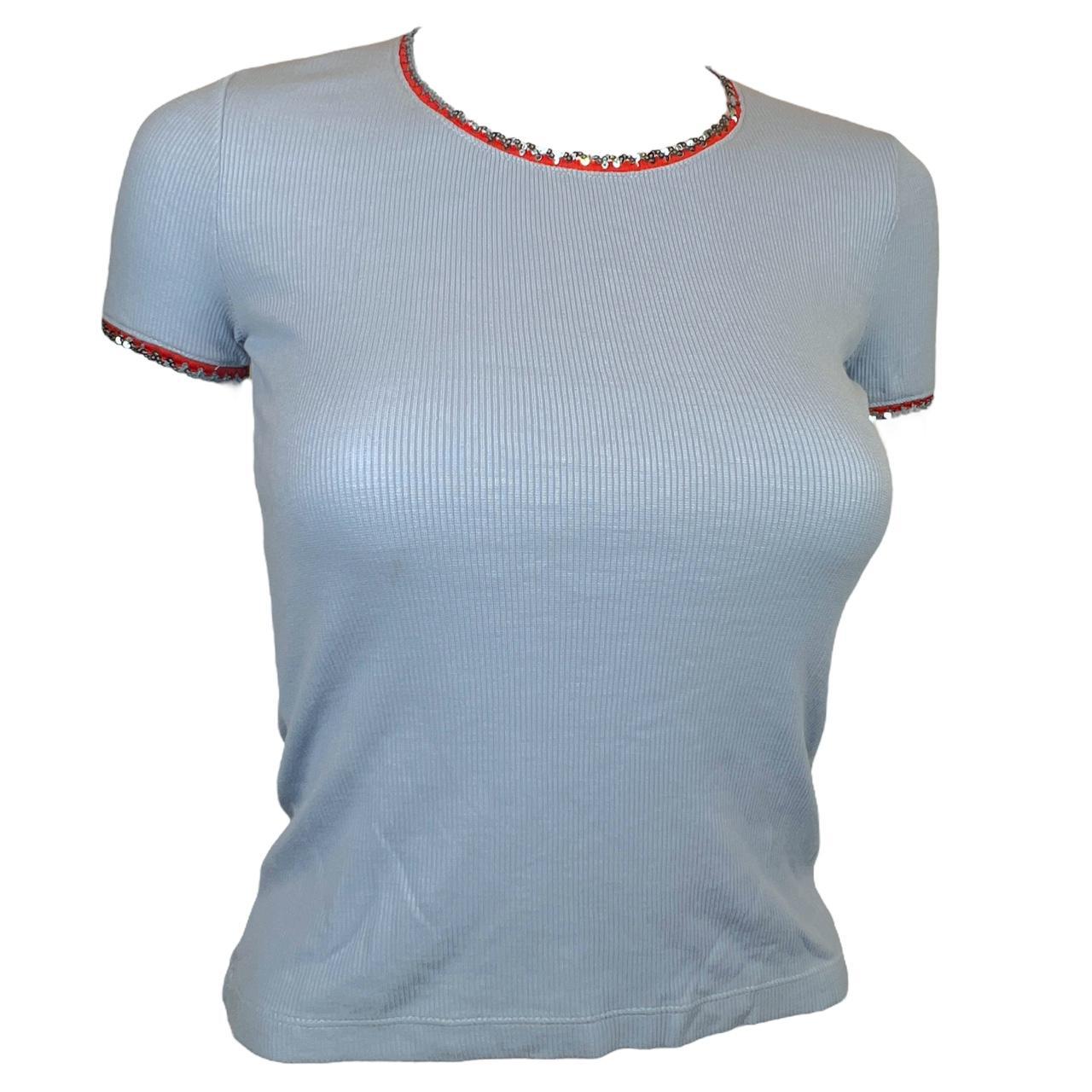 Dolce & Gabbana Light Blue Ribbed T-Shirt with Sequin Trim - Outfit Repeater
