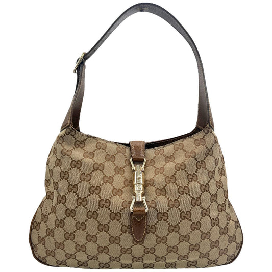Gucci Brown Leather Tan Monogram Canvas Jackie Shoulder Bag