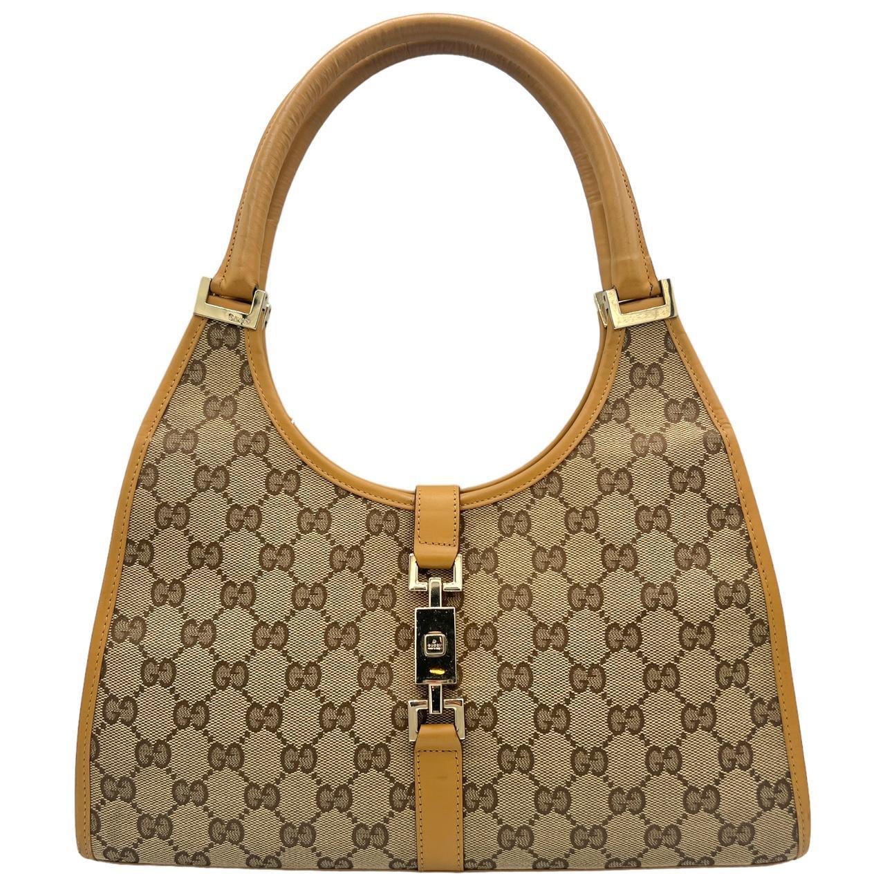 Gucci Jackie Shoulder Bag Tan Leather Monogram Canvas