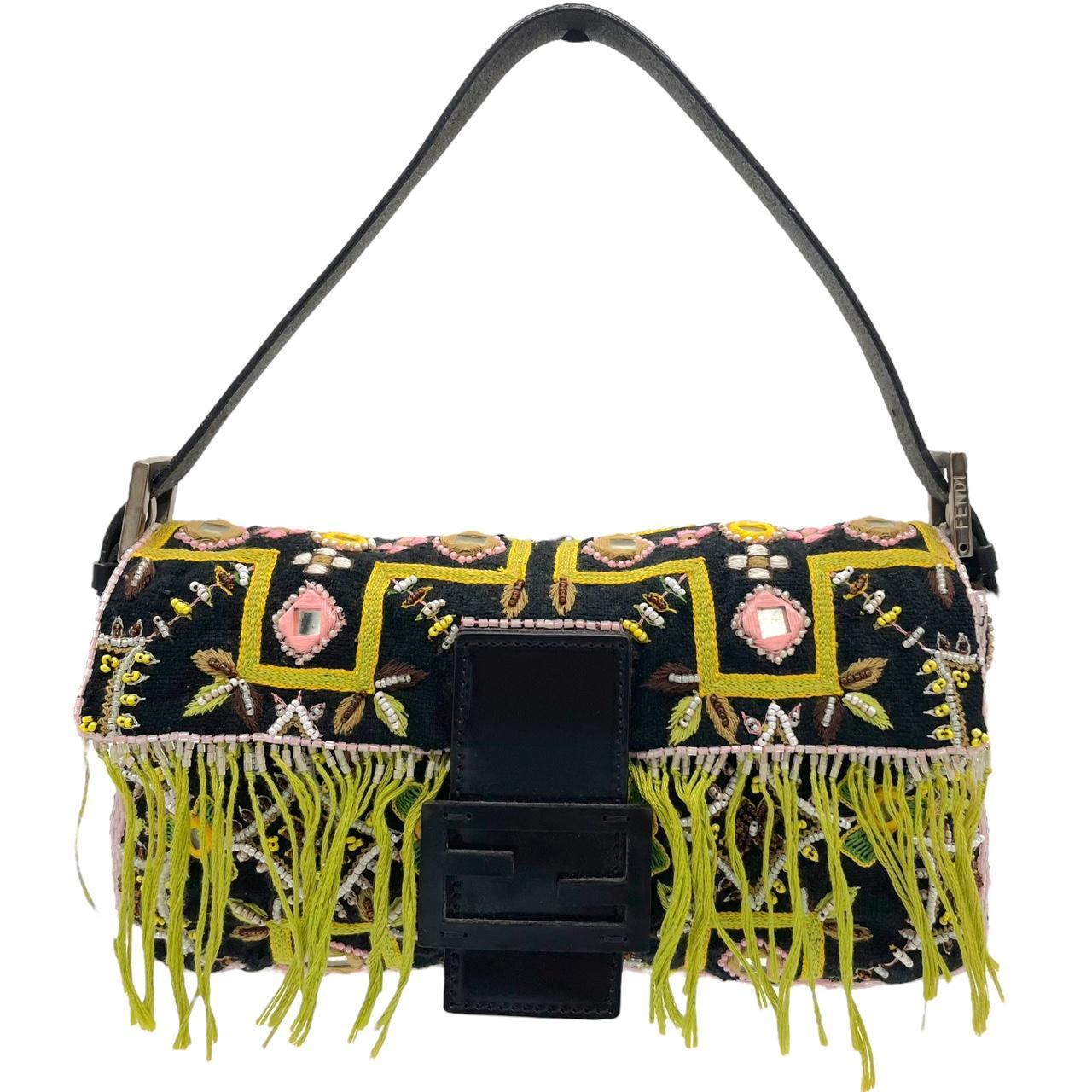 Fendi Fringe Baguette Shoulder Bag Embroidered Beaded