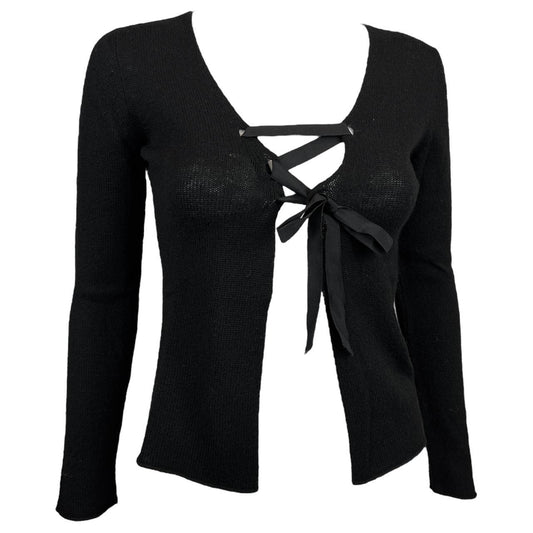 Gucci By Tom Ford Black Cashmere Open Front Cardigan Top with Ribbon