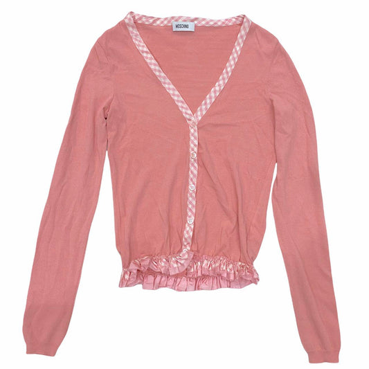 Moschino Pink Knit Cardigan with Gingham Trim and Ruffle Detail