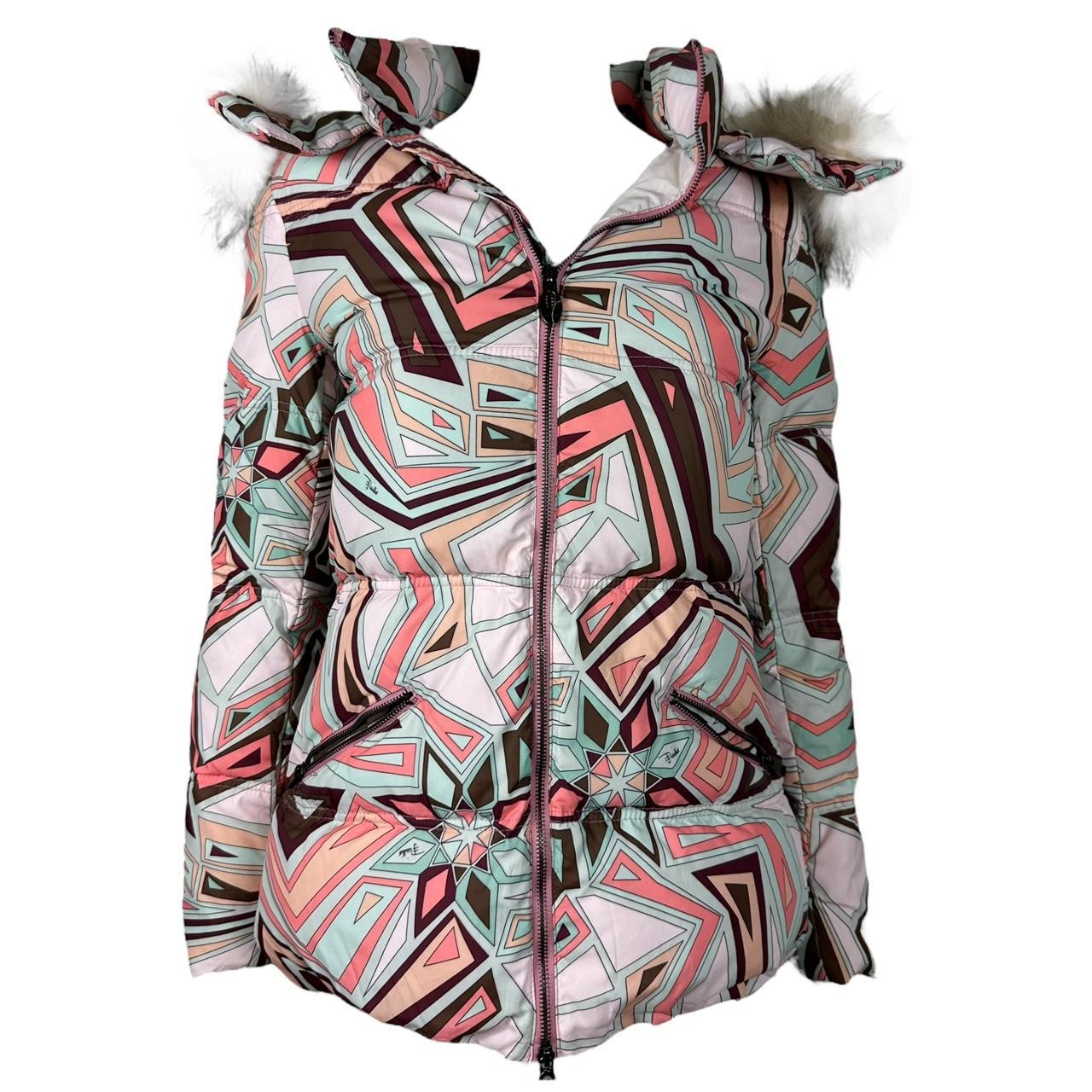 Emilio Pucci Multicolor Printed Down Fill Fur Trim Puffer Coat