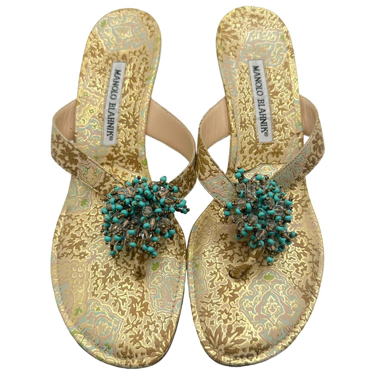 Manolo Blahnik Gold Printed Kitten Heel Flip Flops