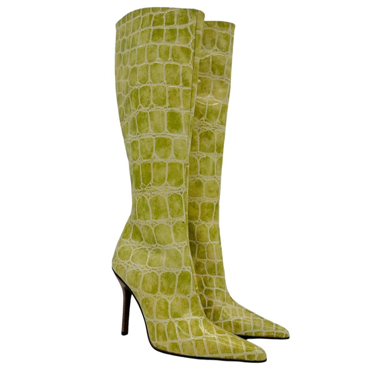 Dolce & Gabbana Green Croc Embossed Heeled Knee-High Boots