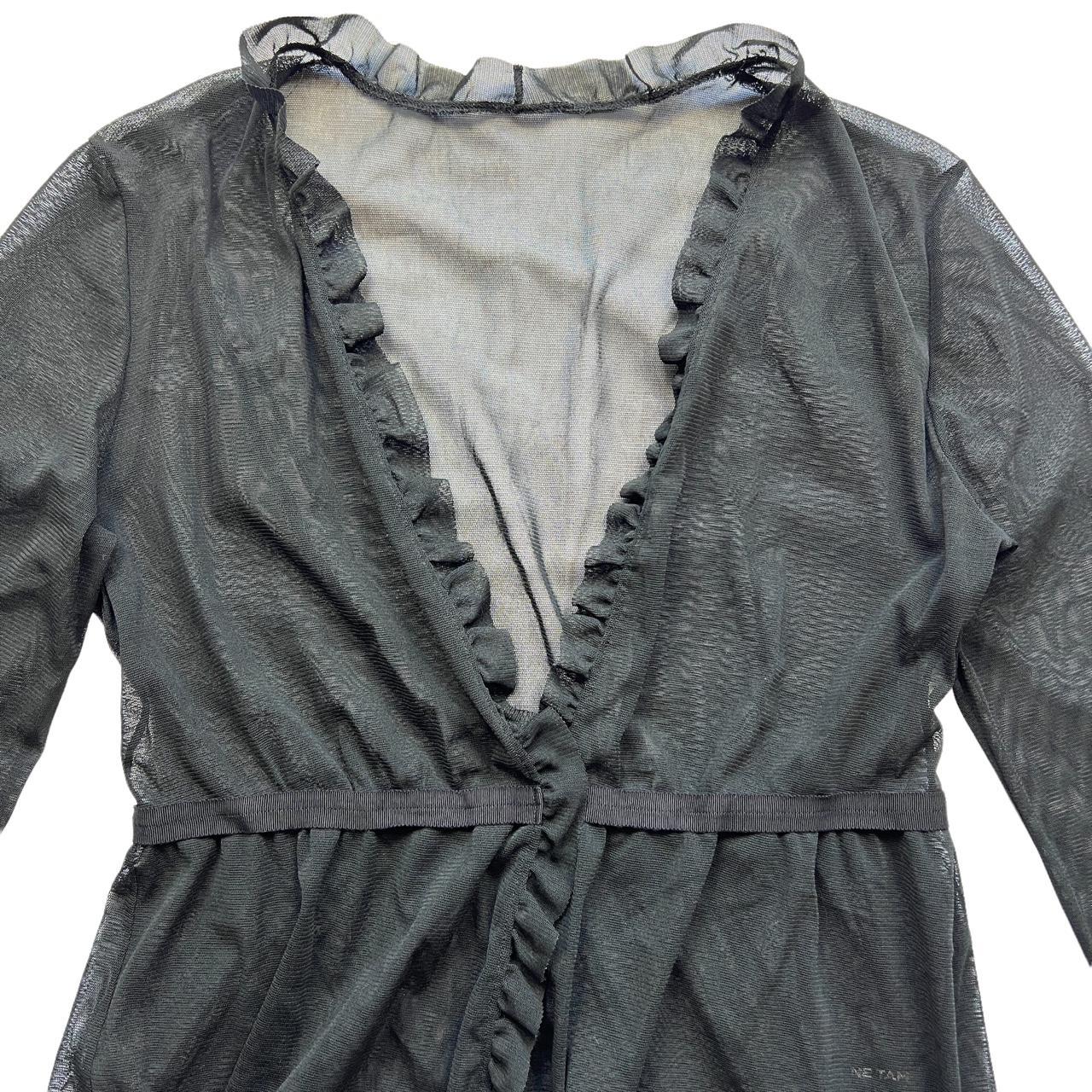 VIVIENNE TAM Black Sheer Mesh Cardigan Style Top Blouse with Ruffle Trim - Outfit Repeater