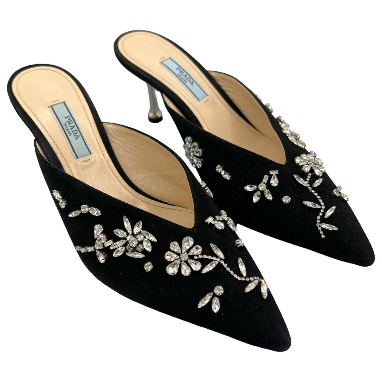Prada Black Crystal Embellished Mule Heels