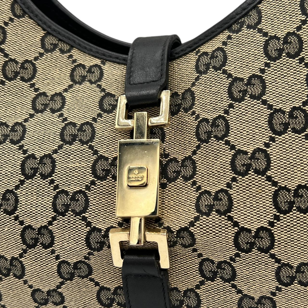 Gucci Black Leather Gray Monogram Canvas Jackie Bag