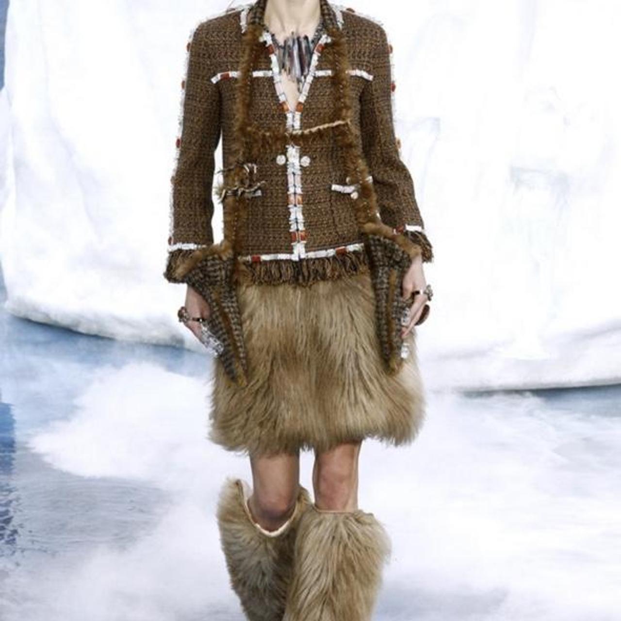 Chanel F/W 2010 RUNWAY SAMPLE 'Dream Fur' Faux Fur Midi Skirt with Orange/Brown and Black Tweed Waistband - Outfit Repeater