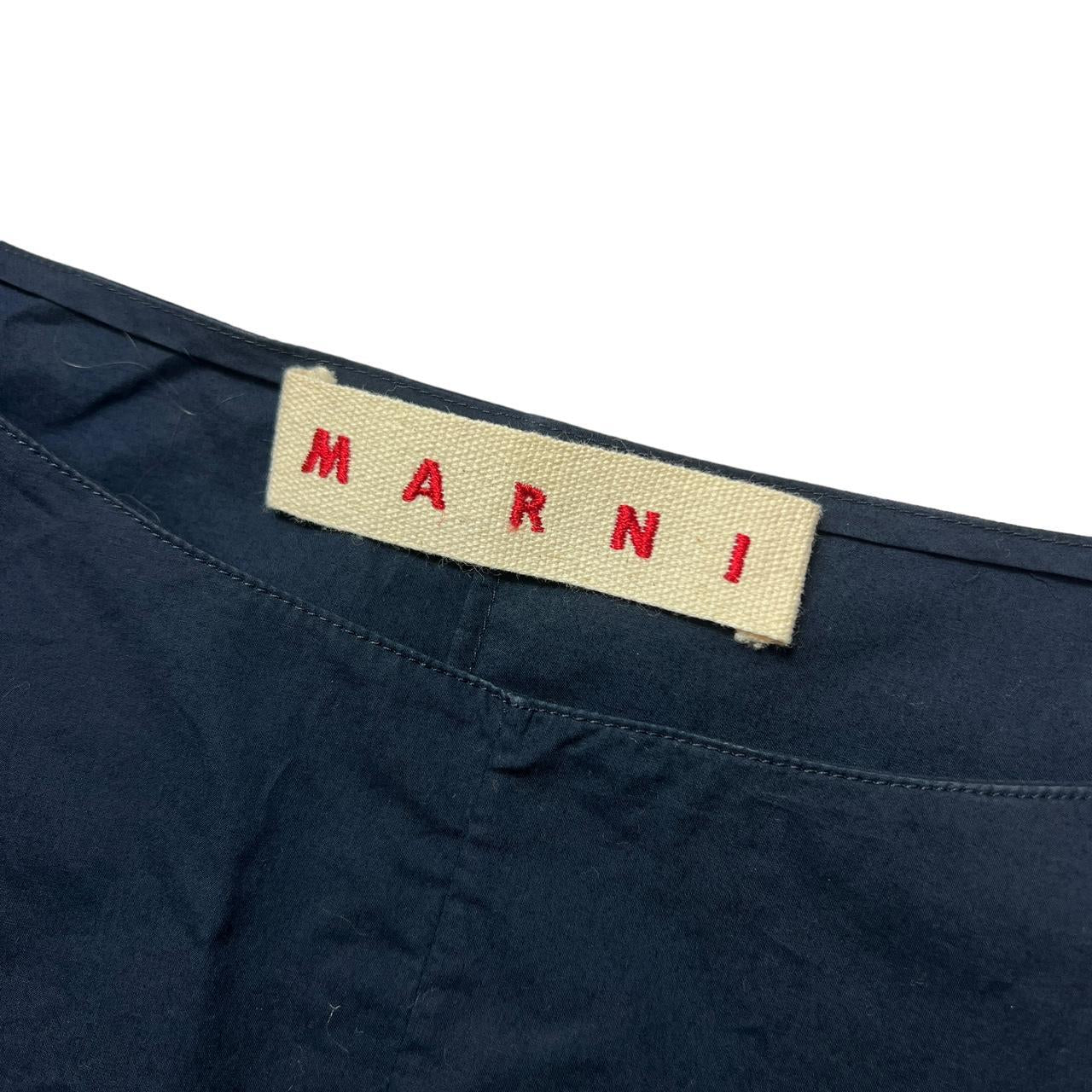 Marni Navy Blue Pleated Cotton Blouse Top with Straight Neckline - Outfit Repeater