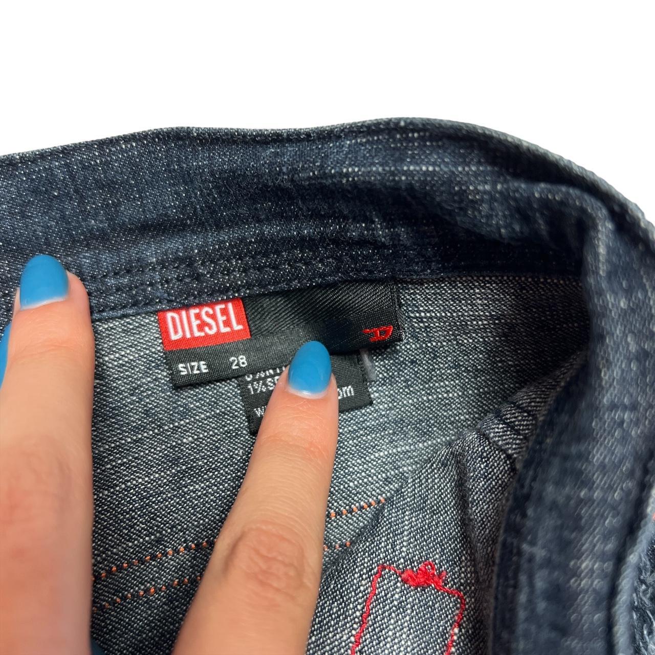 Diesel Distressed Dark Wash Denim Mini Skirt with Multicolor Contrast Stitching - Outfit Repeater