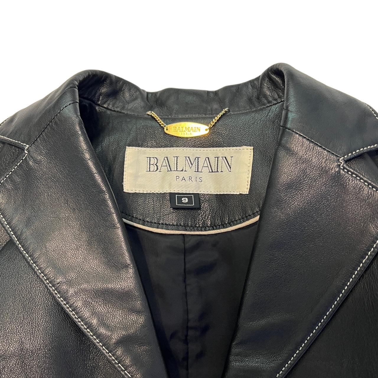 Balmain Paris Black Leather Blazer Jacket with Contrast Stitching and Mother of Pearl Buttons - Outfit Repeater