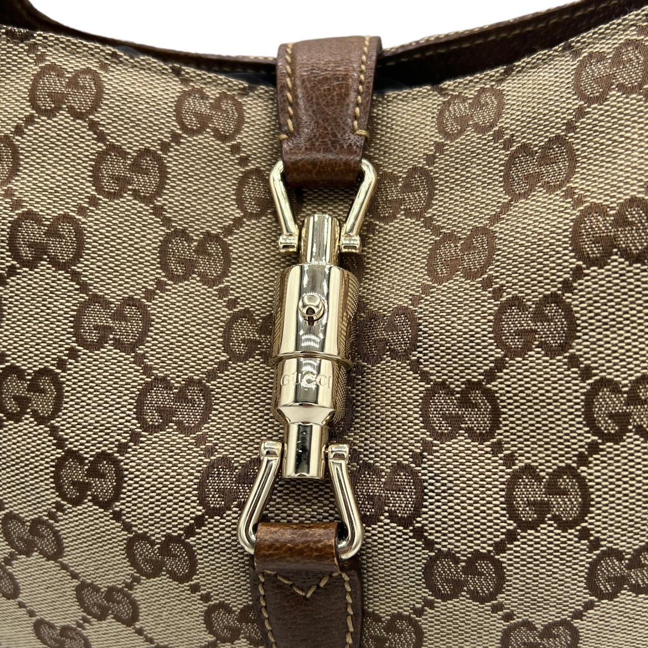 Gucci Brown Leather Tan Monogram Canvas Jackie Shoulder Bag