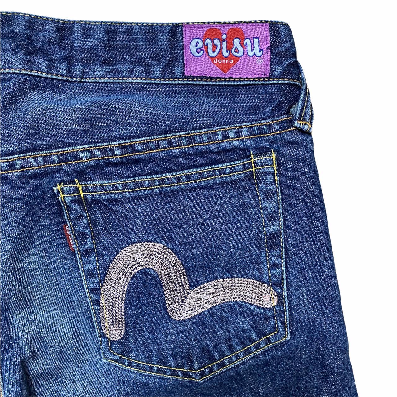 Evisu Low Waisted Straight Leg Dark Wash Denim Jeans with Pink Pocket Logo Stitching - Outfit Repeater
