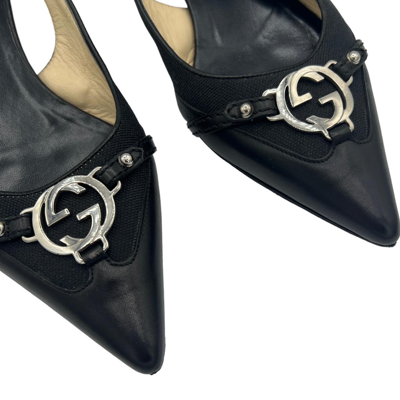 Gucci Slingback Heels Black Leather Kitten Heel GG Logo
