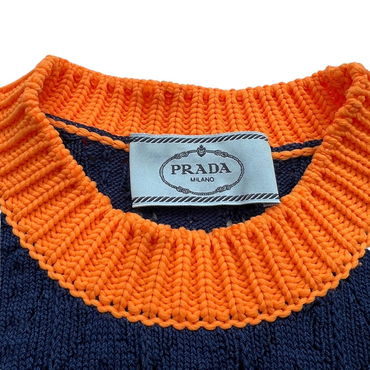 Prada F/W 2018 Orange and Blue Knit Short Sleeve Logo Sweater - Outfit Repeater