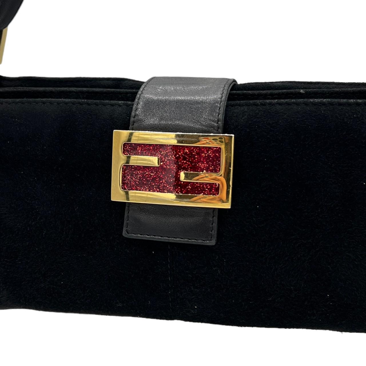 Fendi Black Suede Red Glitter Baguette Shoulder Bag
