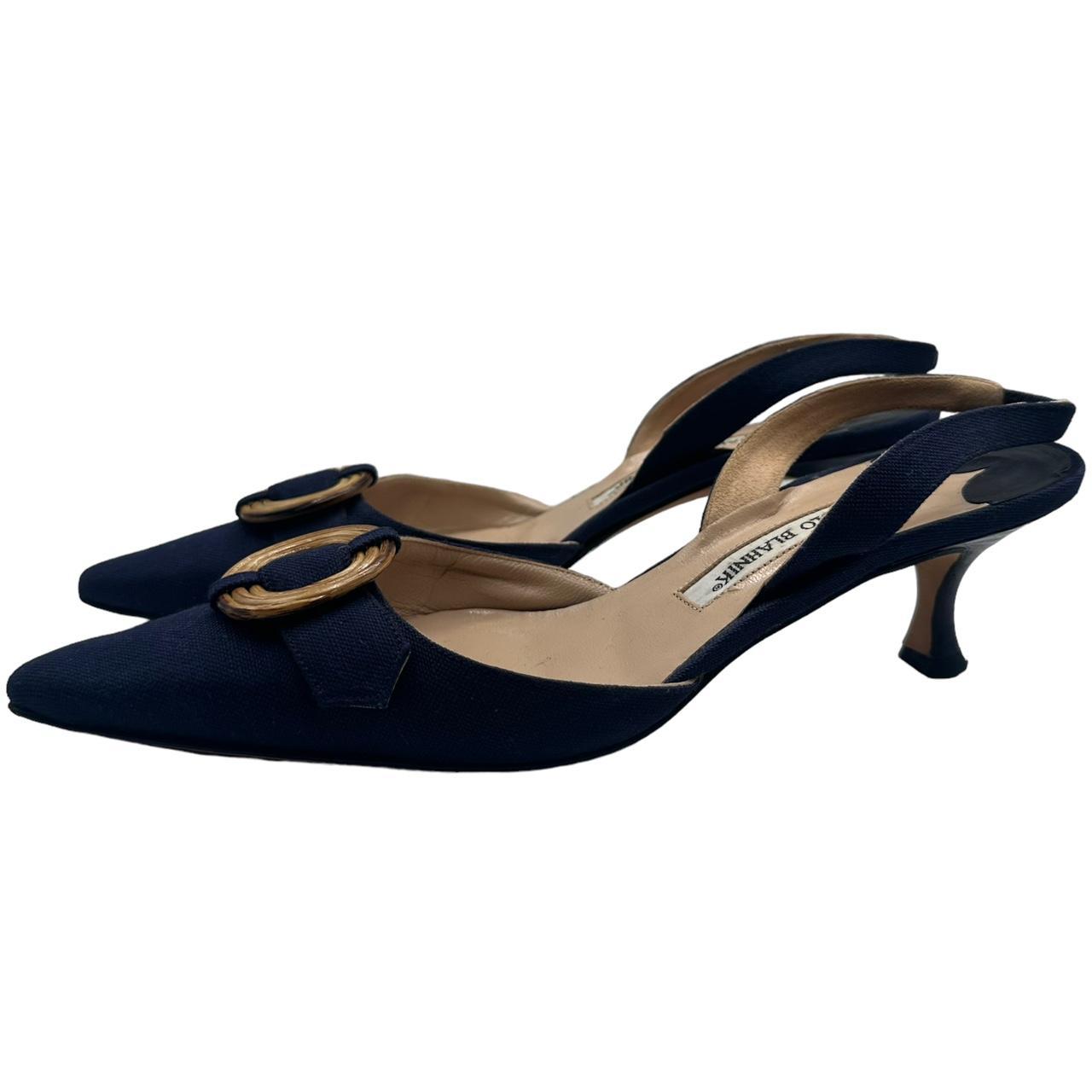 Manolo Blahnik Navy Blue Pointed Toe Slingback Heels